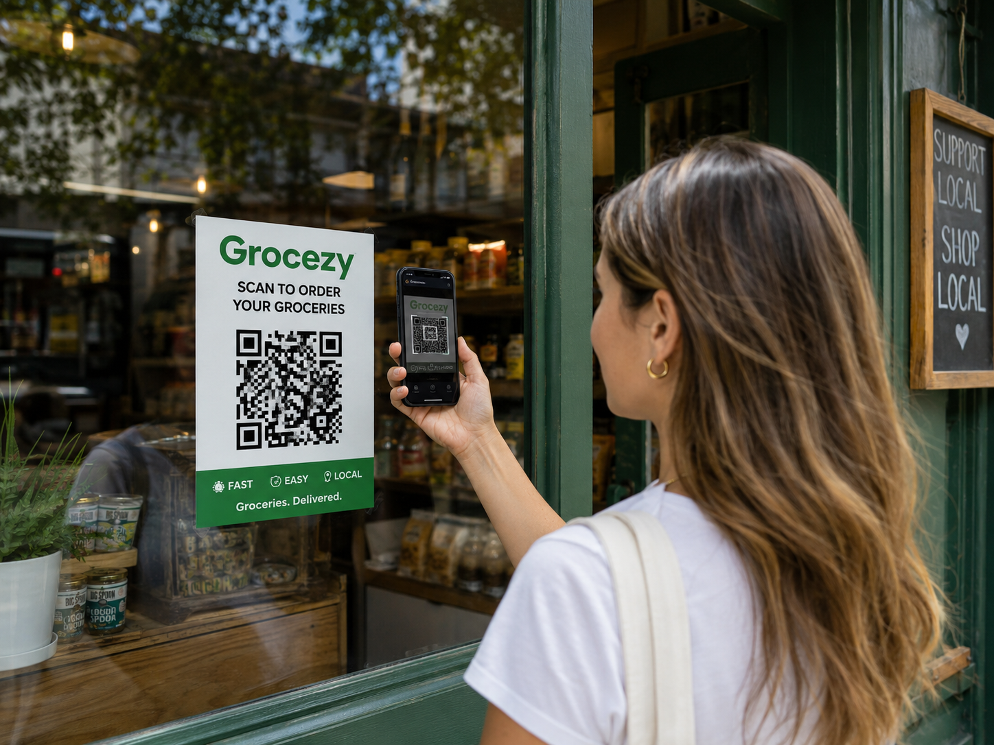 A shop's public Grocezy ordering link and QR code being shared with customers