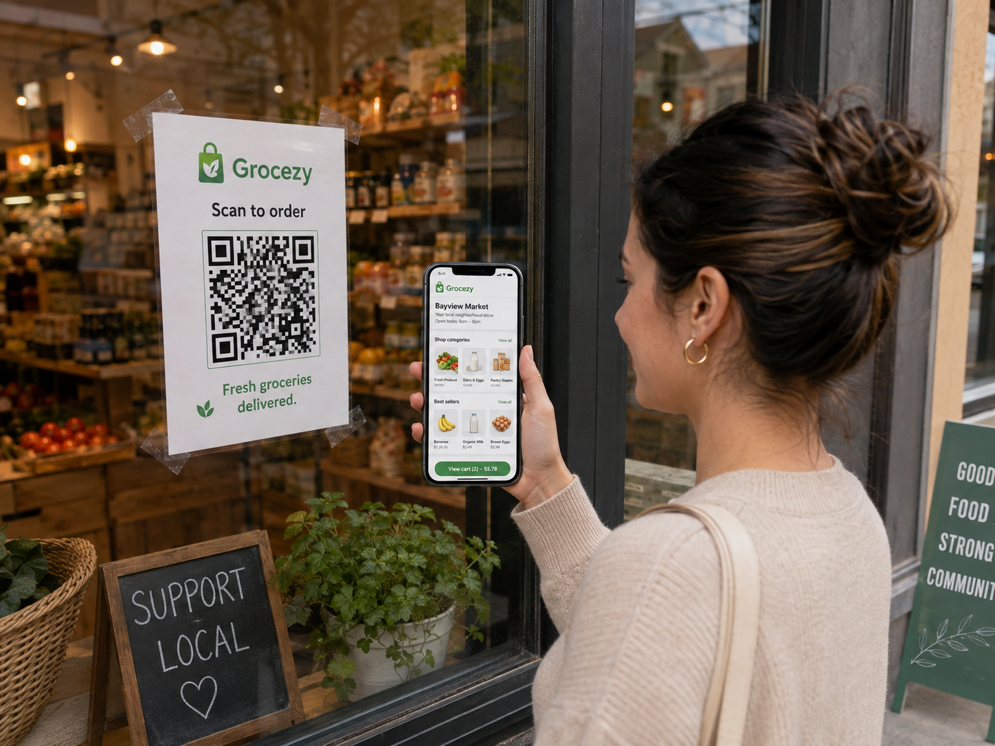 A shop's public Grocezy ordering link and QR code being scanned by a customer