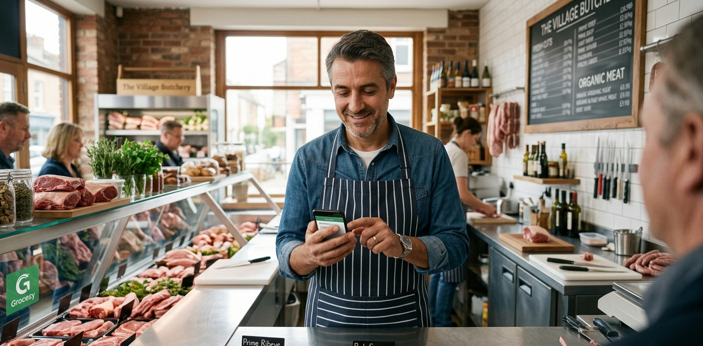 A local shop owner receiving and confirming a Grocezy order